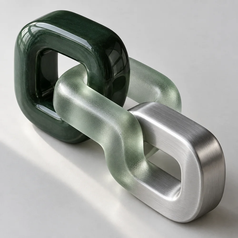 Escultura conceptual de tres piezas conectadas en cerámica verde, vidrio y aluminio